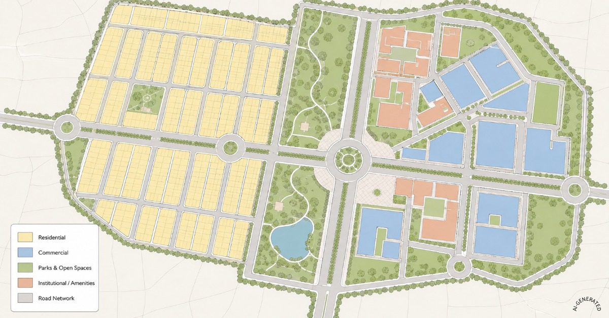 Complete Guide to Master Planning for Large-Scale Development Projects in India 2 Land-use zoning plan showing residential, commercial and green spaces in a township master plan