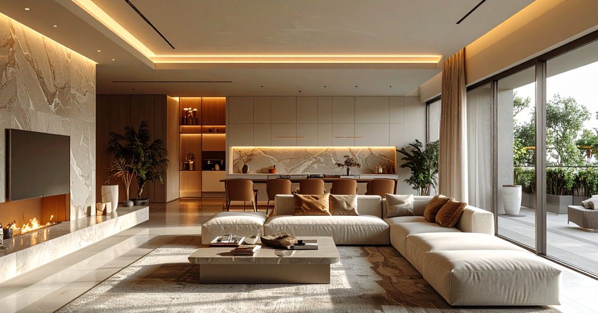Stylish interior design of luxury villa in Jaipur with modern furniture and lighting