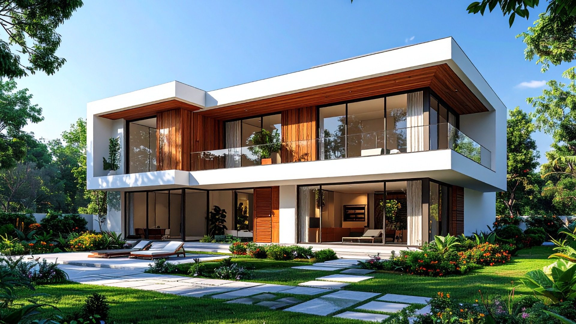 Modern luxury villa with glass walls, wooden facade and landscaped garden