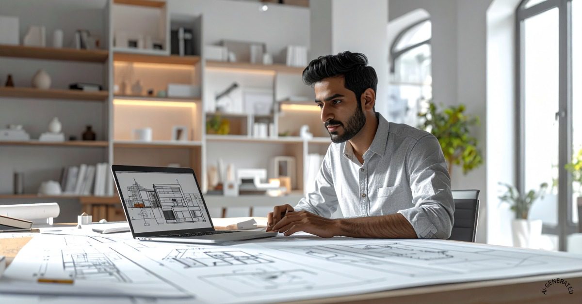 Complete Home Construction Cost Guide in Jaipur 2026 3 Architect reviewing home design plans in Jaipur office -Kush Architects