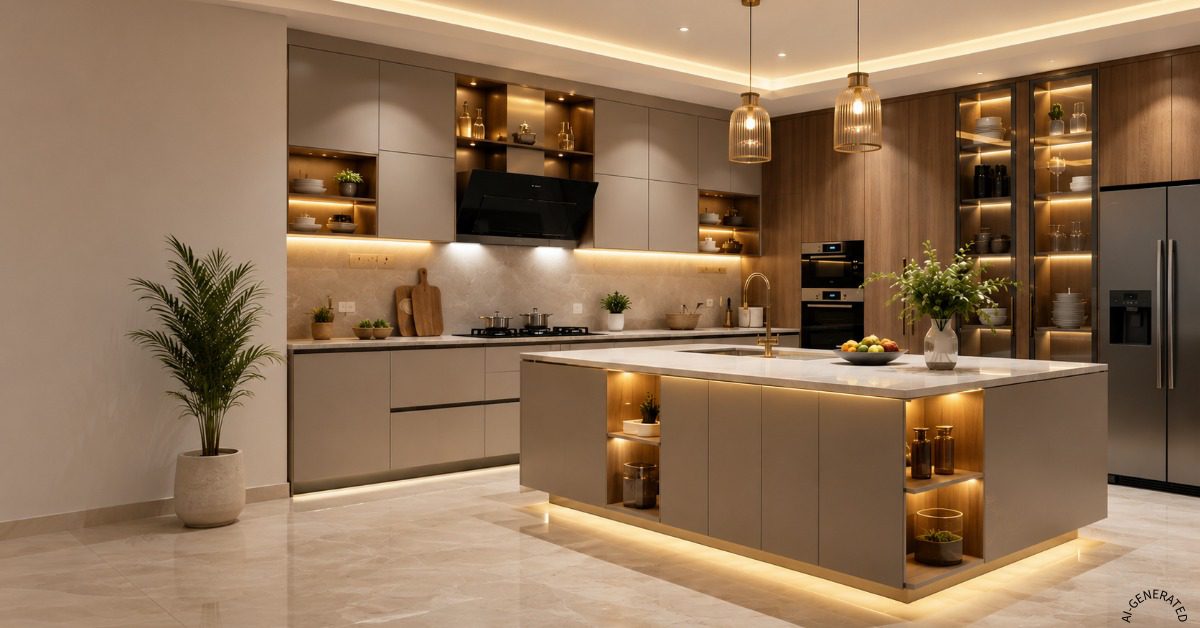 Modern modular kitchen design in Jaipur with premium cabinets, island counter and warm lighting.