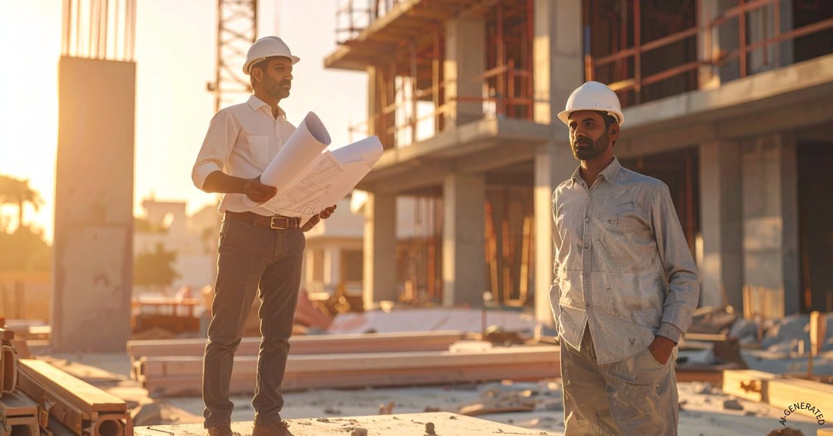 Modern home construction site in Jaipur with architect reviewing blueprint