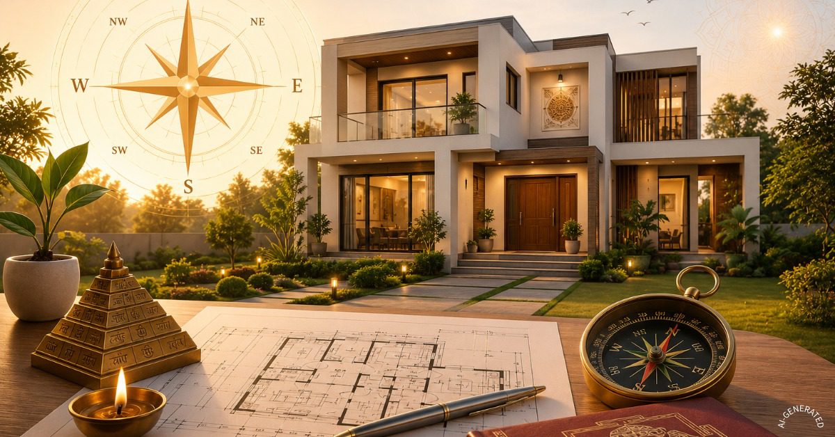 Modern Vastu-compliant home with architectural blueprint and Vastu compass for new home construction