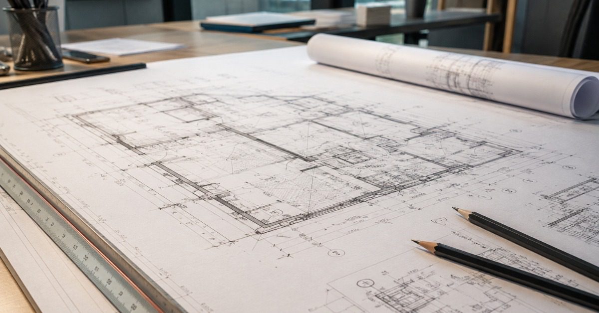 The Complete Architectural Design Process: A Step-by-Step Guide 6 Detailed architectural blueprint on desk