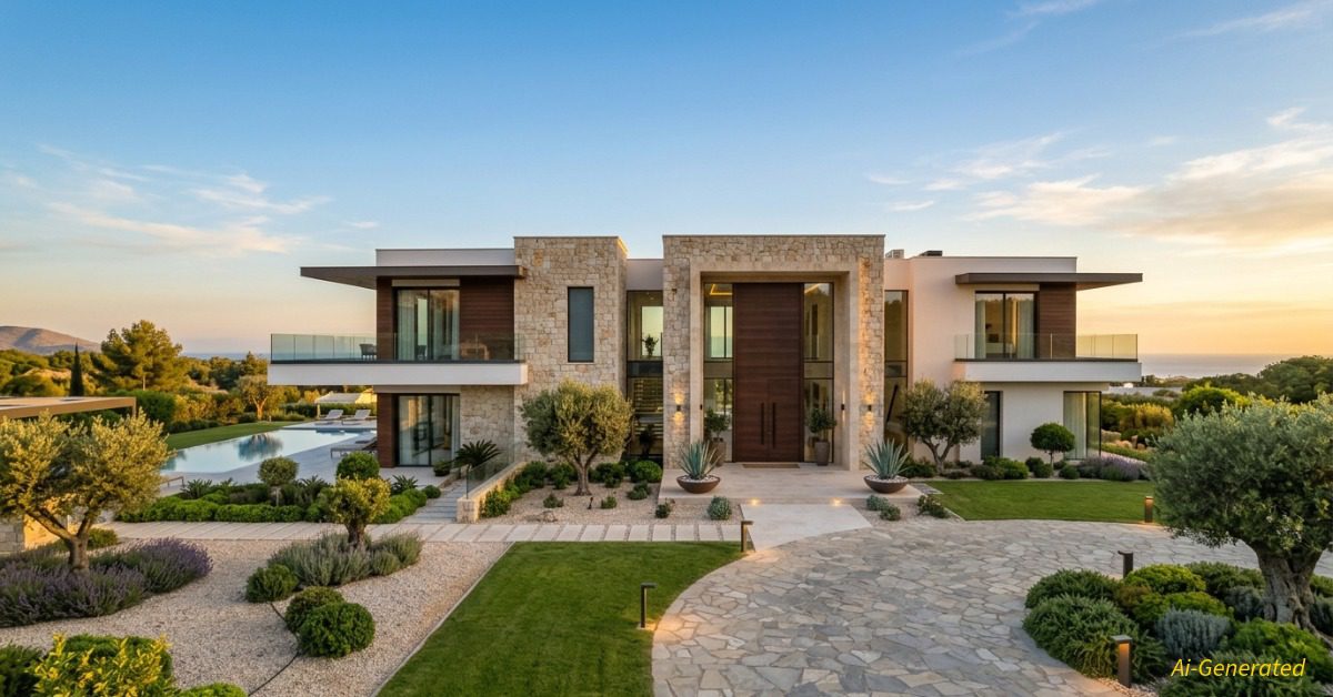Exterior view of a luxury modern villa combining contemporary design aesthetics with traditional spatial geometry principles.