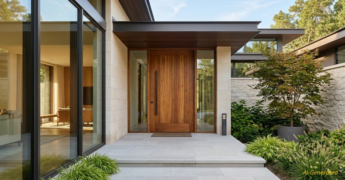 Best Vastu Tips for Main Entrance,Kitchen and Bedroom in New Homes 3 Modern luxury house exterior featuring a prominent wooden main entrance door aligned toward the North East facing quadrant for positive energy flow.