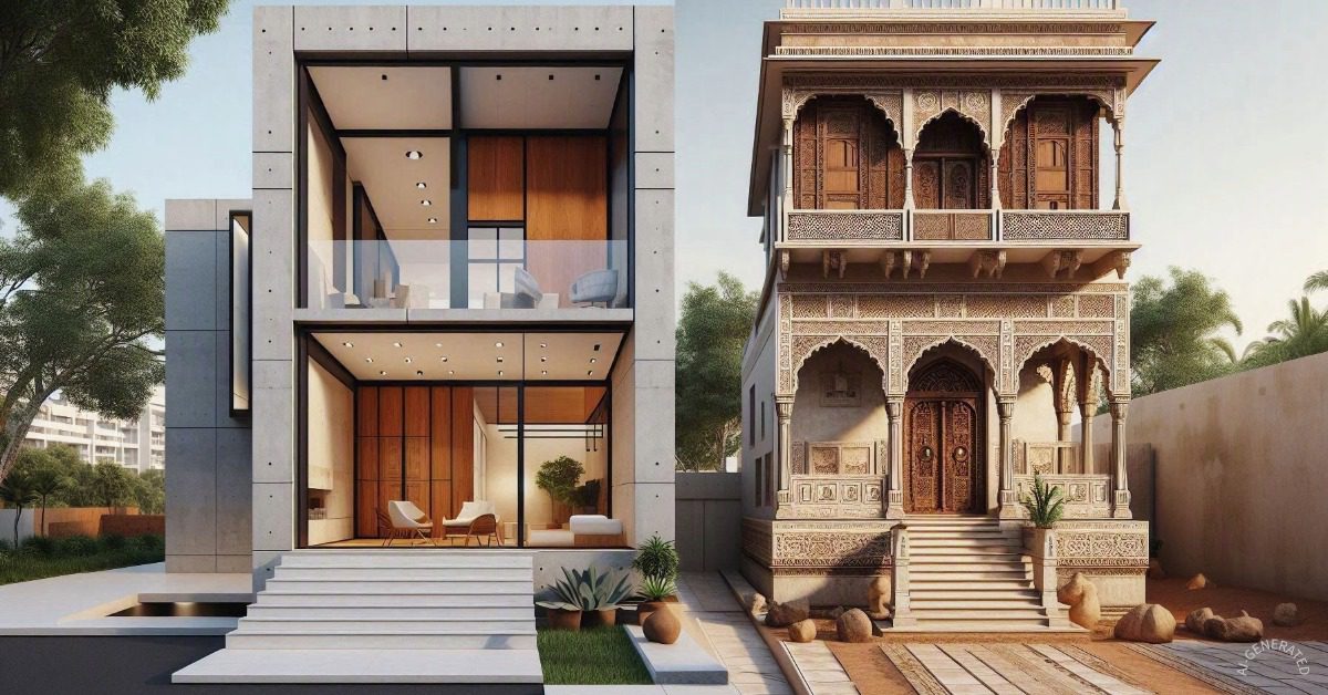 Modern vs traditional architecture India comparison showing contemporary and heritage inspired homes