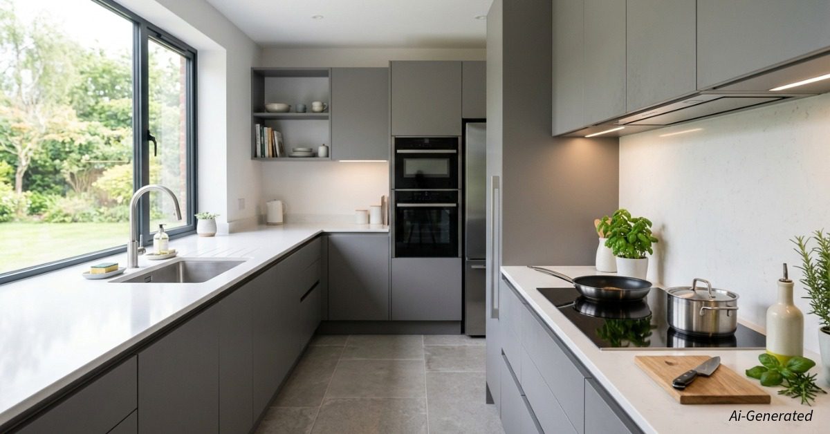 Best Vastu Tips for Main Entrance,Kitchen and Bedroom in New Homes 4 Contemporary custom modular kitchen design featuring sleek cabinetry and the cooking range positioned in the South East zone.